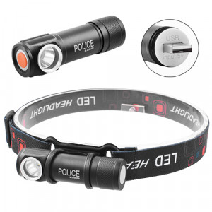 Фонарь налобный Police 2155-XPE, ЗУ USB, встроенный аккумулятор, магнит